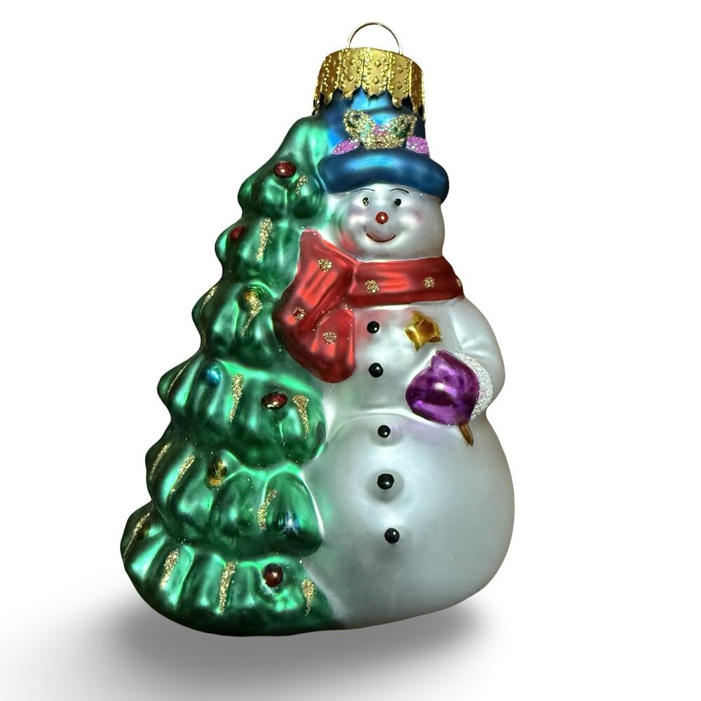 Vintage UT‎ Snowman Christmas Tree Ornament Hand Painted Glass Y2K Green White